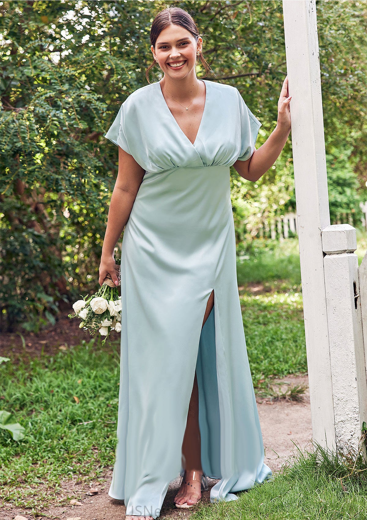 Empire V Neck Short Sleeve Floor-Length Stretch Satin Bridesmaid Dresses with Split Lizbeth DJP0025249