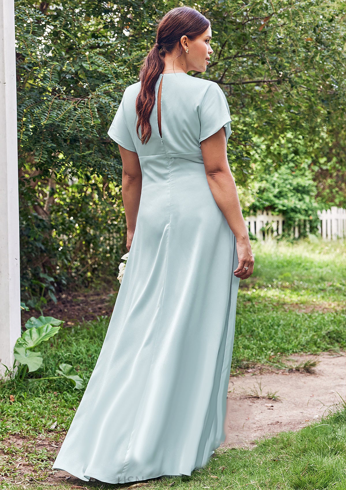 Empire V Neck Short Sleeve Floor-Length Stretch Satin Bridesmaid Dresses with Split Lizbeth DJP0025249