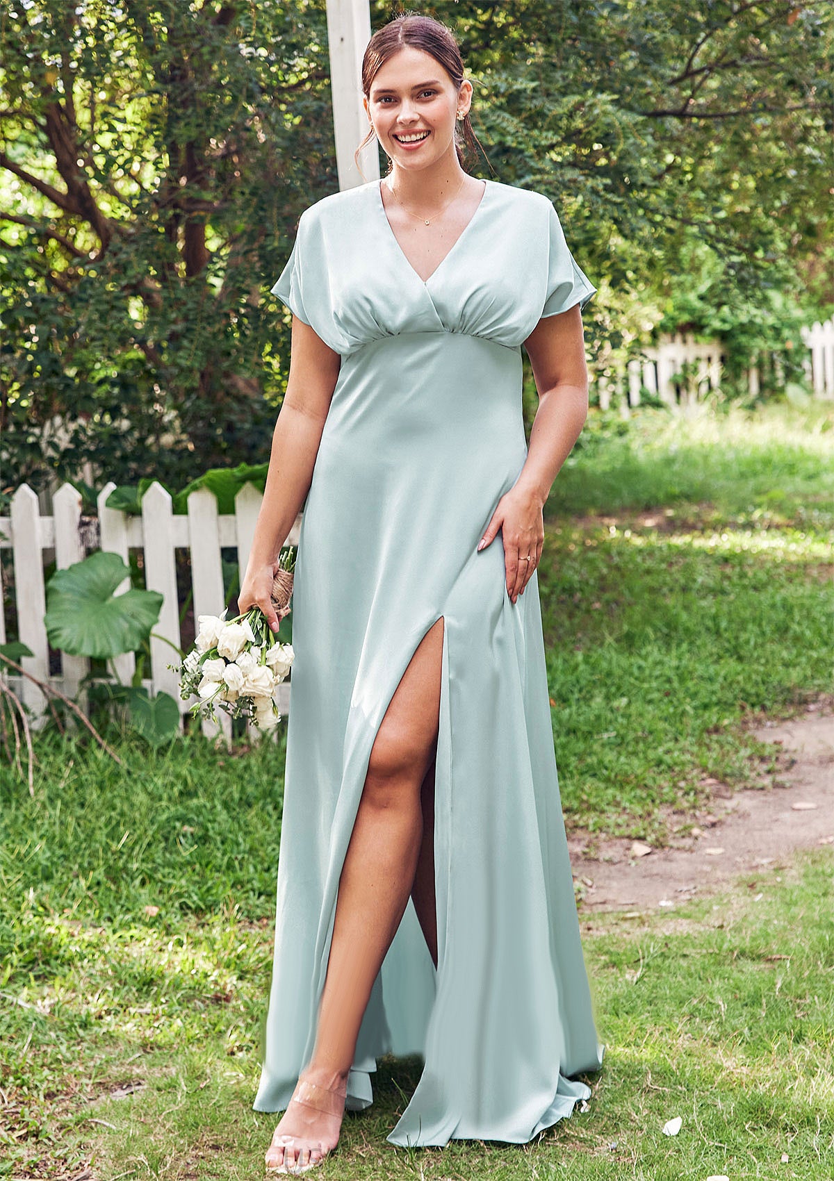 Empire V Neck Short Sleeve Floor-Length Stretch Satin Bridesmaid Dresses with Split Lizbeth DJP0025249