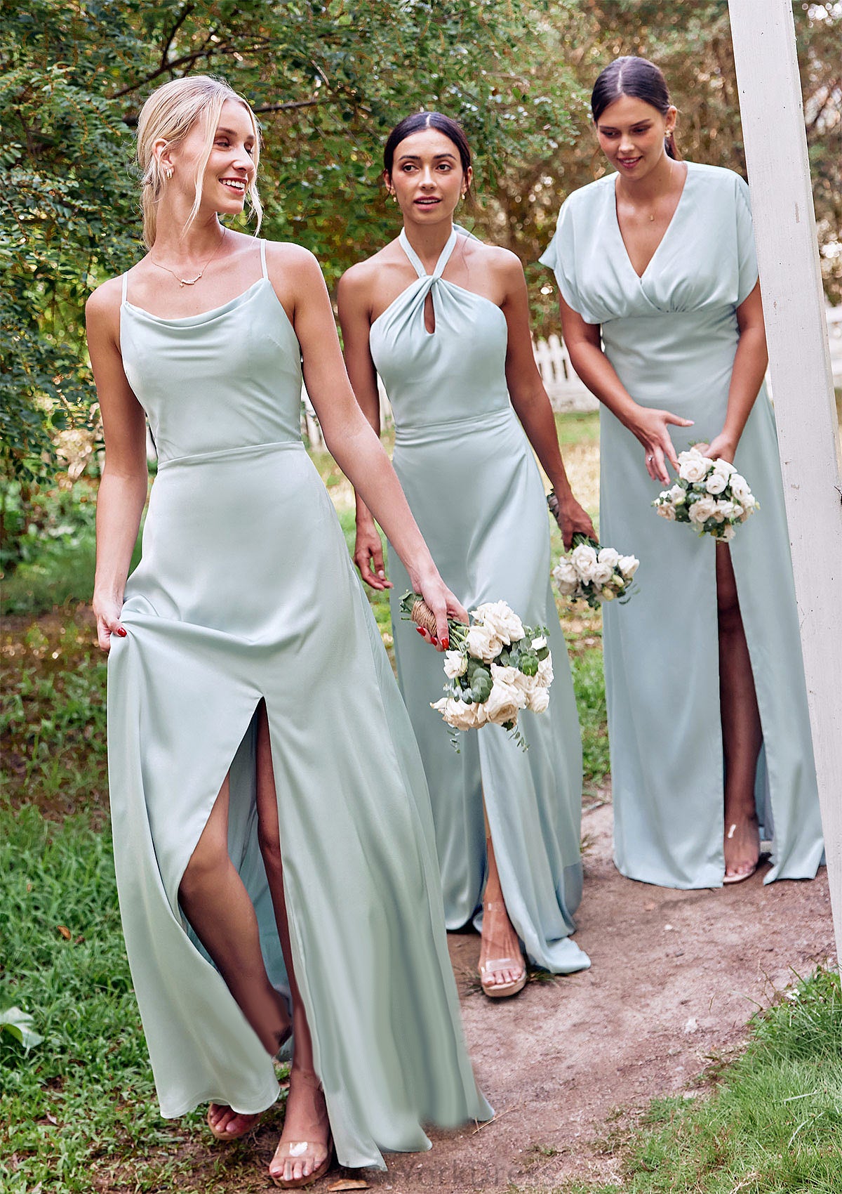 Empire V Neck Short Sleeve Floor-Length Stretch Satin Bridesmaid Dresses with Split Lizbeth DJP0025249