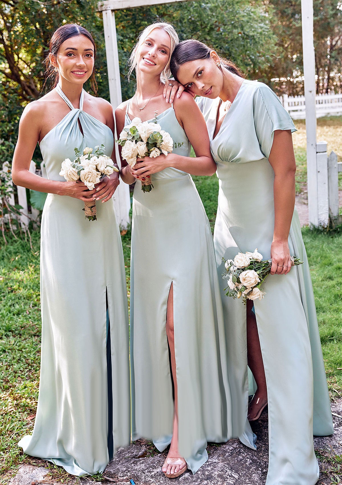 Empire V Neck Short Sleeve Floor-Length Stretch Satin Bridesmaid Dresses with Split Lizbeth DJP0025249