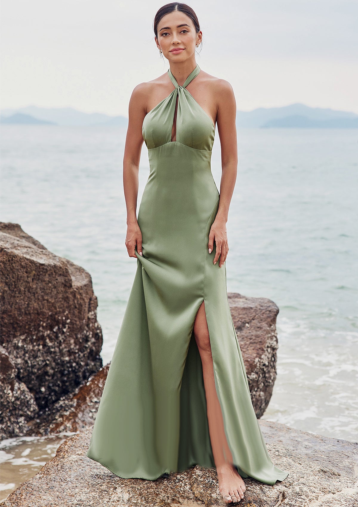 A-line Halter Sleeveless Floor-Length Stretch Satin Bridesmaid Dresses with Split Elisa DJP0025250