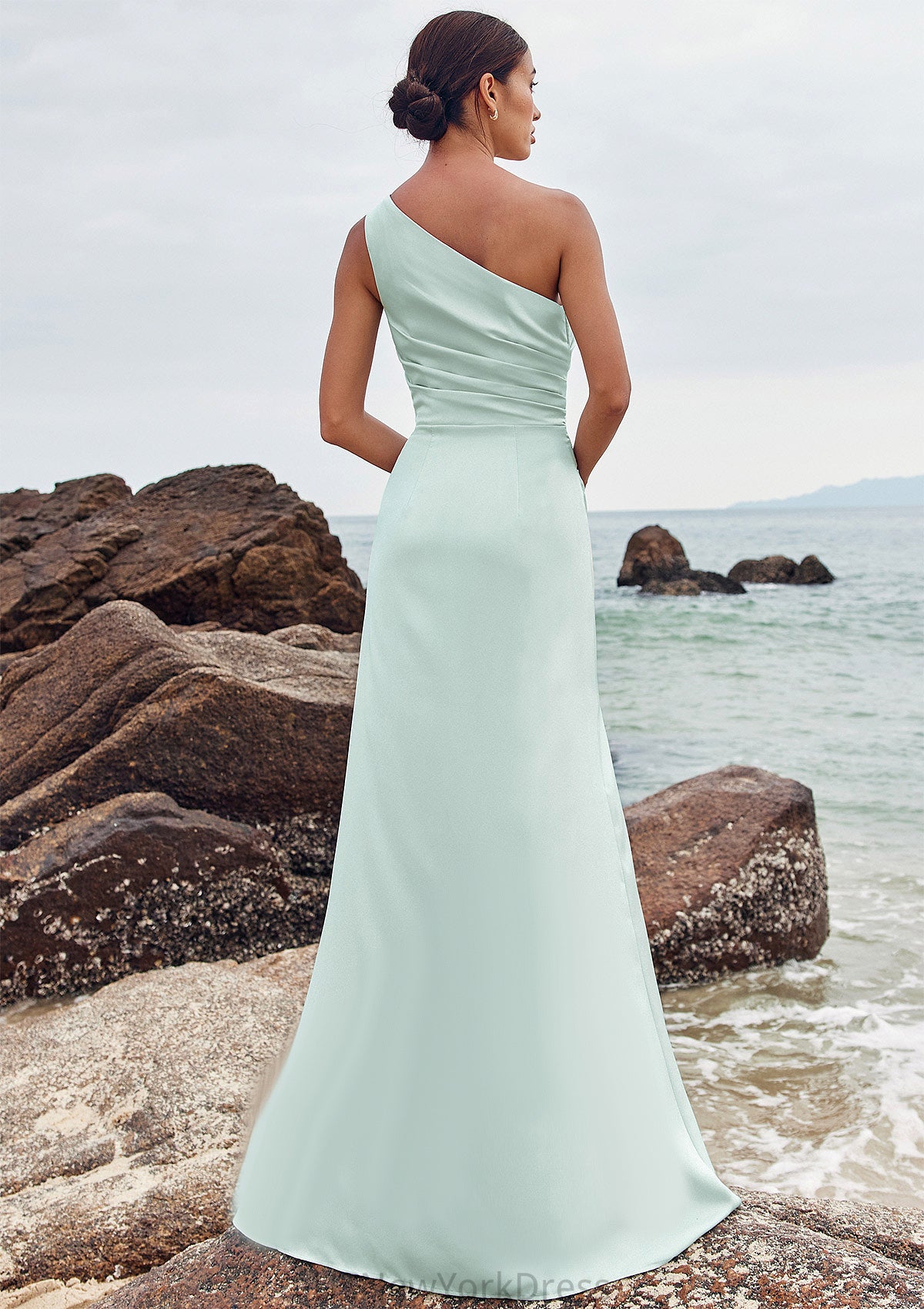 Sheath/Column One-Shoulder Sleeveless Floor-Length Stretch Satin Bridesmaid Dresses with Pleated Split Erin DJP0025251