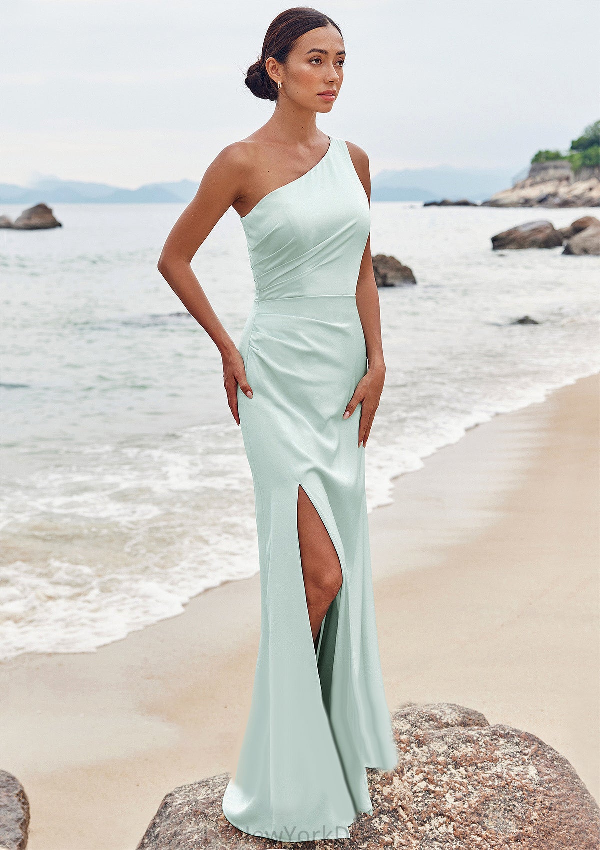 Sheath/Column One-Shoulder Sleeveless Floor-Length Stretch Satin Bridesmaid Dresses with Pleated Split Erin DJP0025251