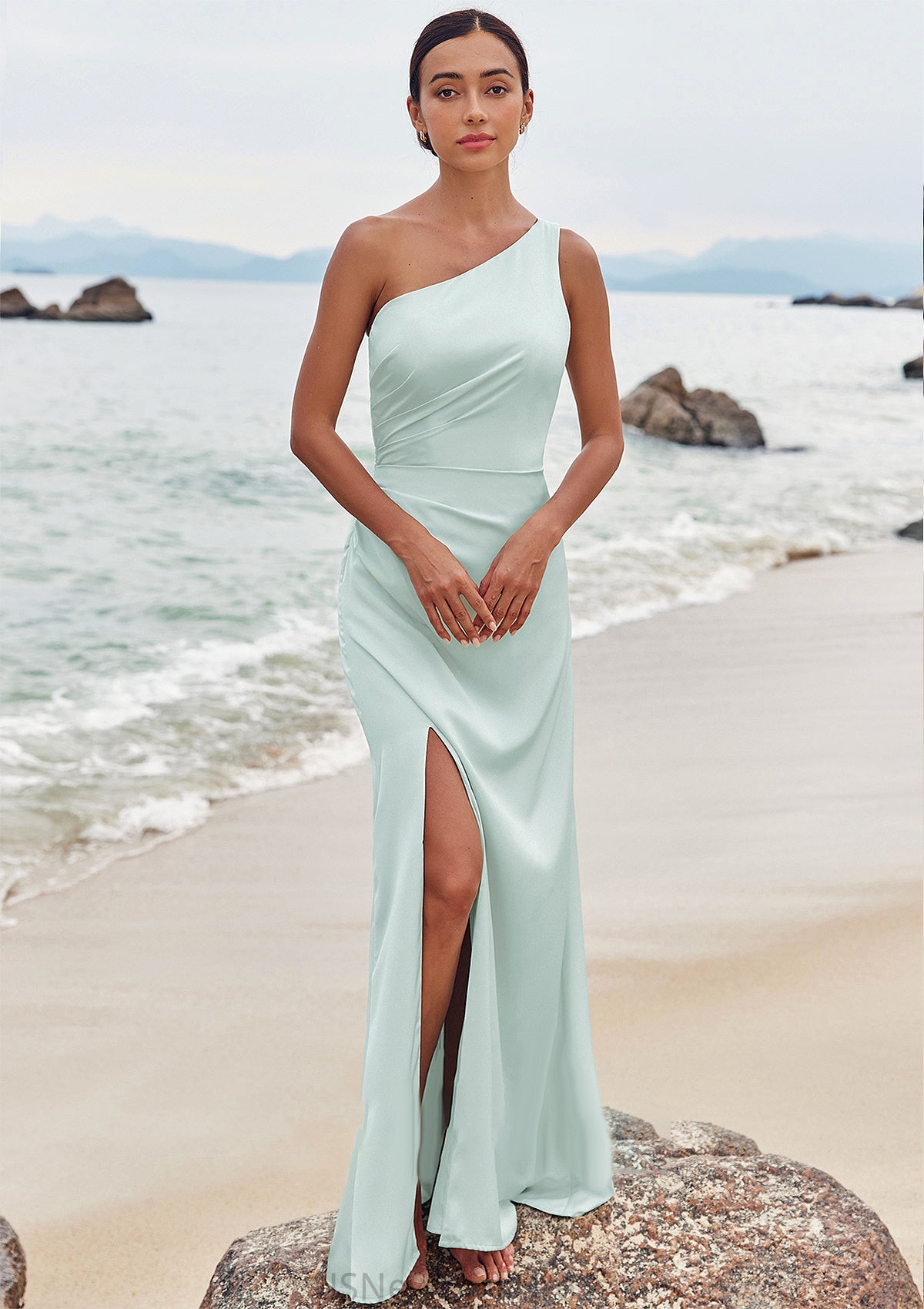 Sheath/Column One-Shoulder Sleeveless Floor-Length Stretch Satin Bridesmaid Dresses with Pleated Split Erin DJP0025251