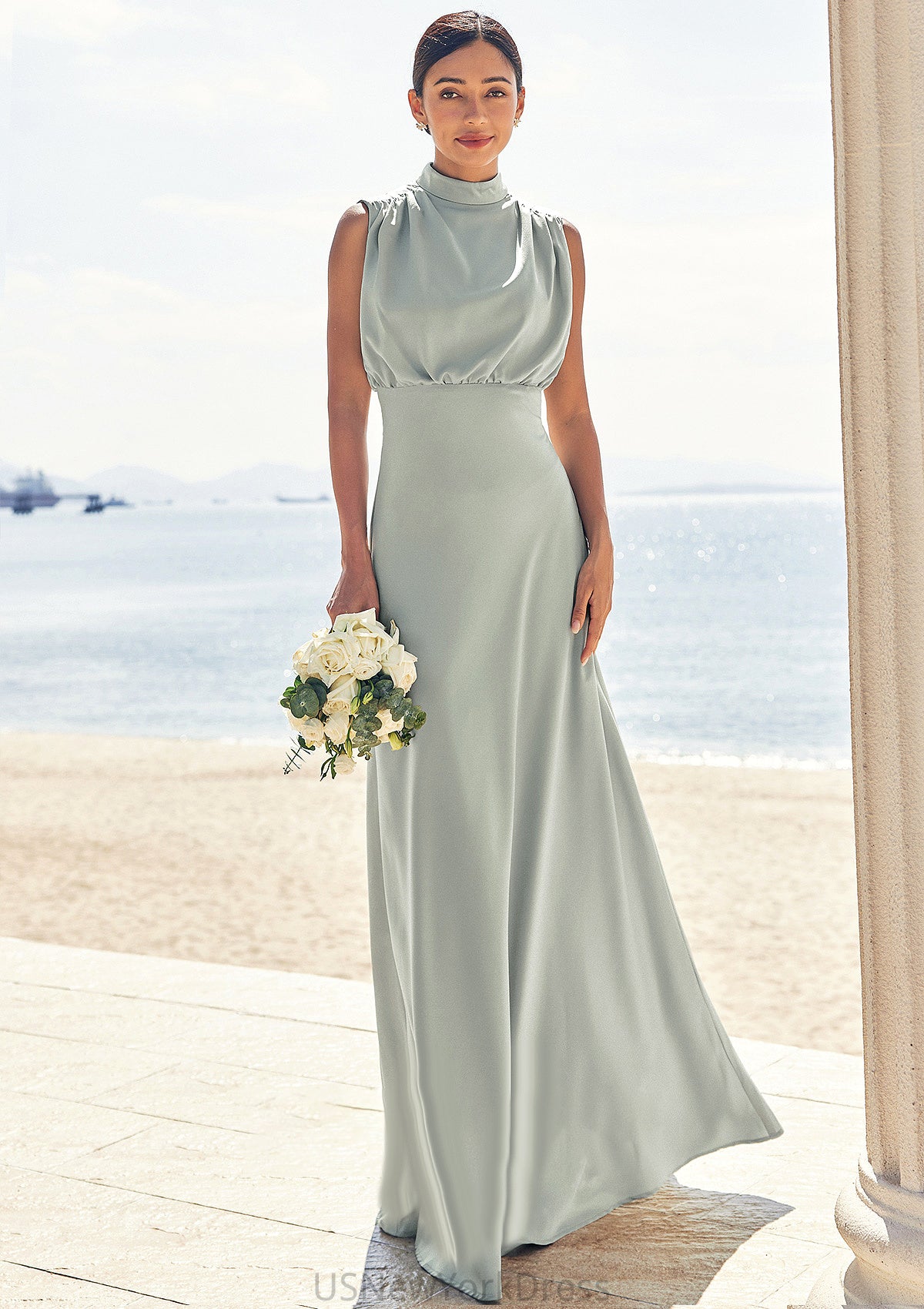 A-line High-Neck Sleeveless Floor-Length Stretch Satin Bridesmaid Dresses Yoselin DJP0025252