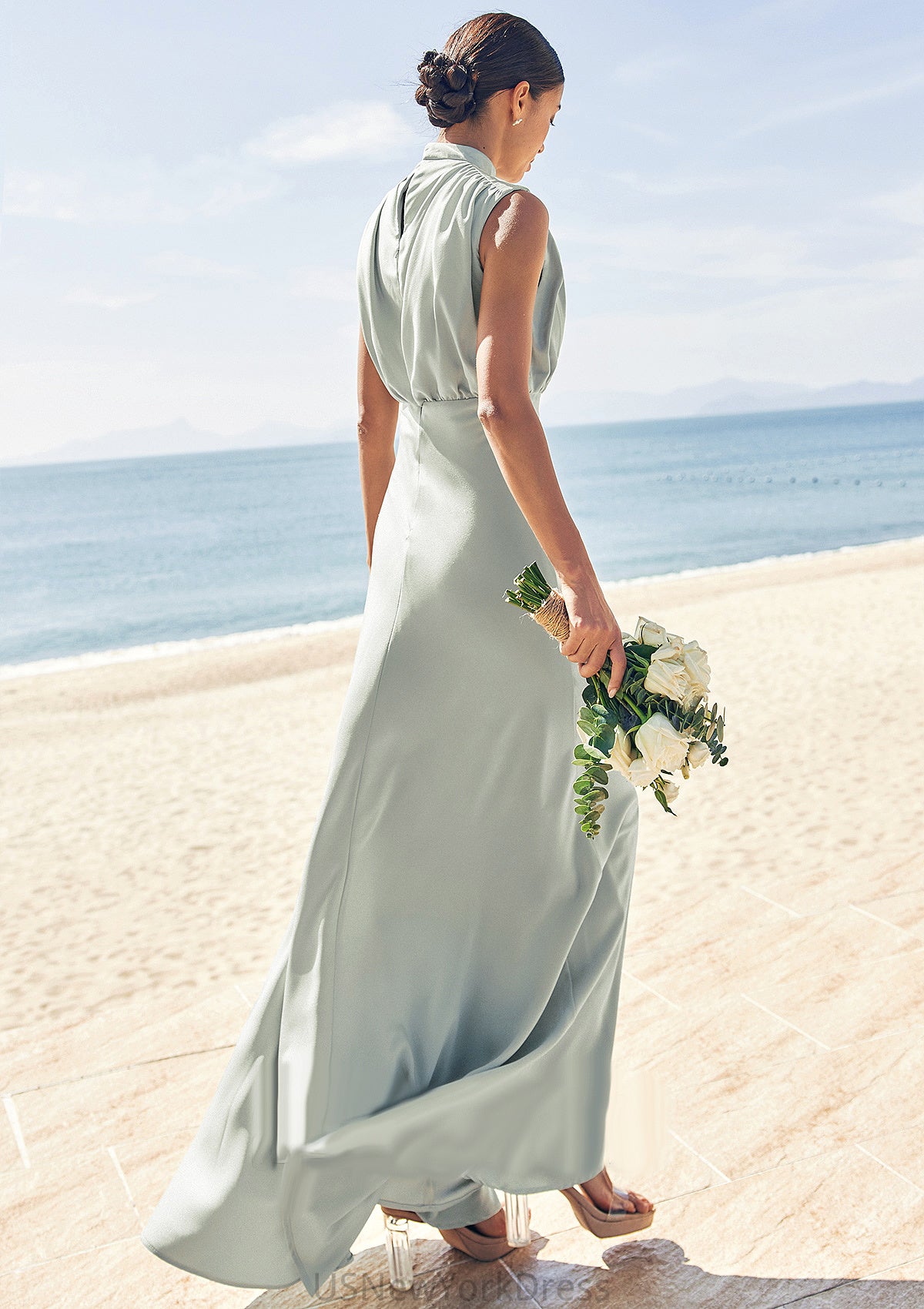 A-line High-Neck Sleeveless Floor-Length Stretch Satin Bridesmaid Dresses Yoselin DJP0025252