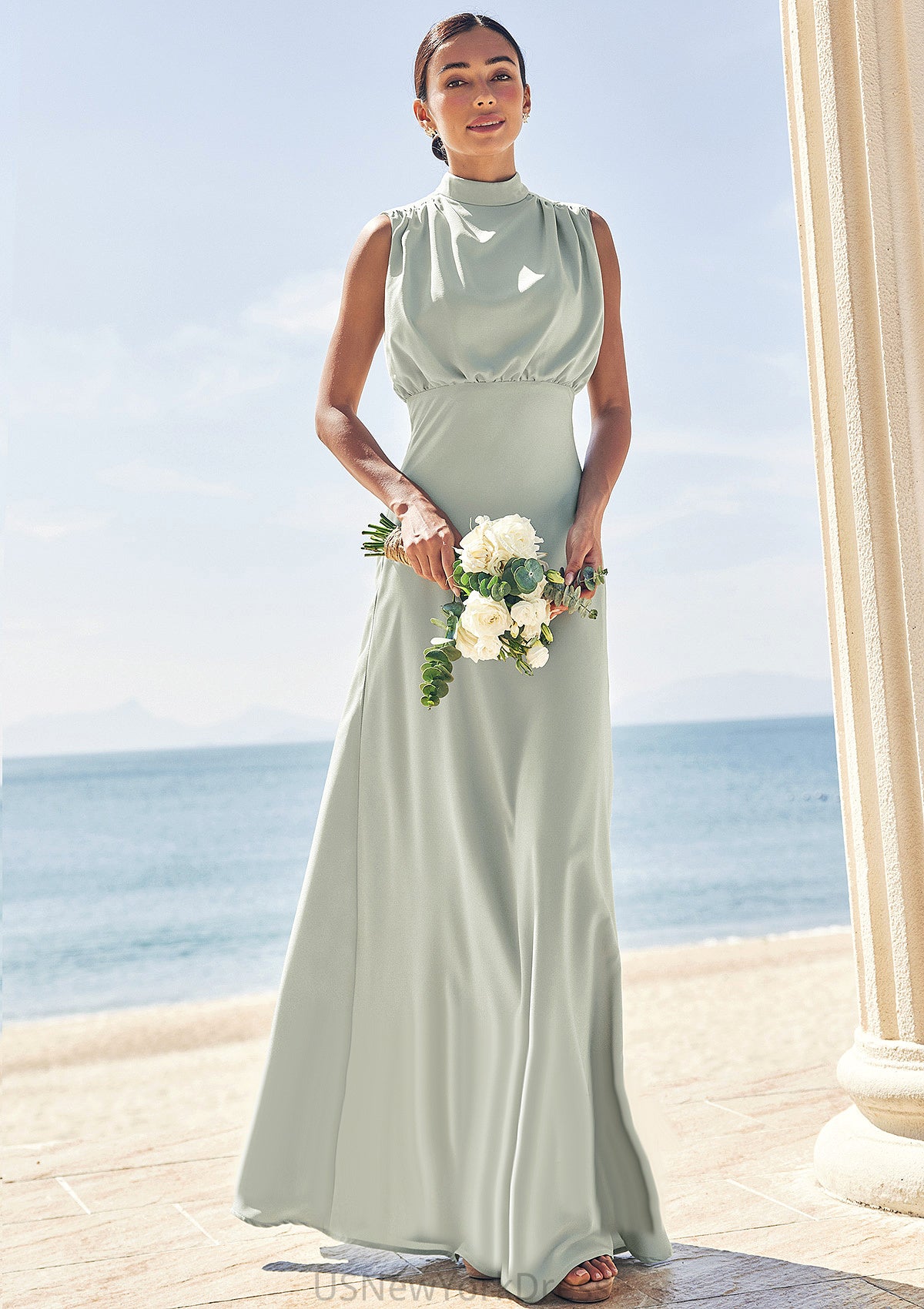 A-line High-Neck Sleeveless Floor-Length Stretch Satin Bridesmaid Dresses Yoselin DJP0025252