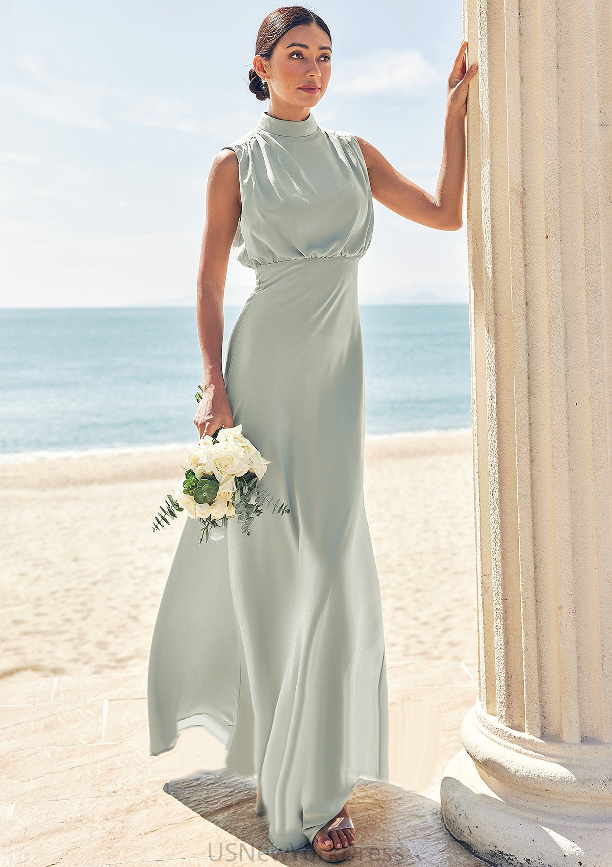 A-line High-Neck Sleeveless Floor-Length Stretch Satin Bridesmaid Dresses Yoselin DJP0025252