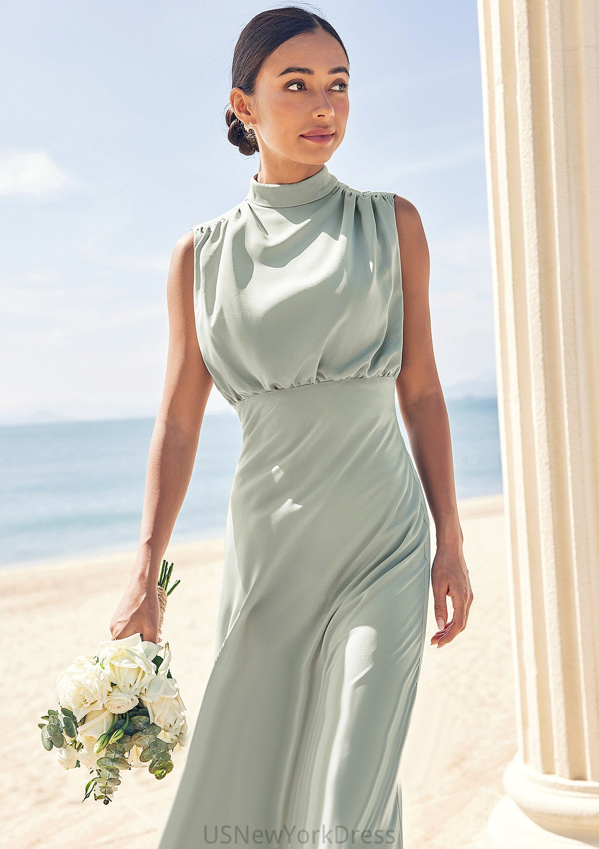 A-line High-Neck Sleeveless Floor-Length Stretch Satin Bridesmaid Dresses Yoselin DJP0025252