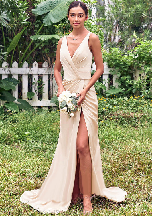 Trumpet/Mermaid V Neck Sleeveless Floor-Length Stretch Satin Bridesmaid Dresses with Pleated Split Jakayla DJP0025255