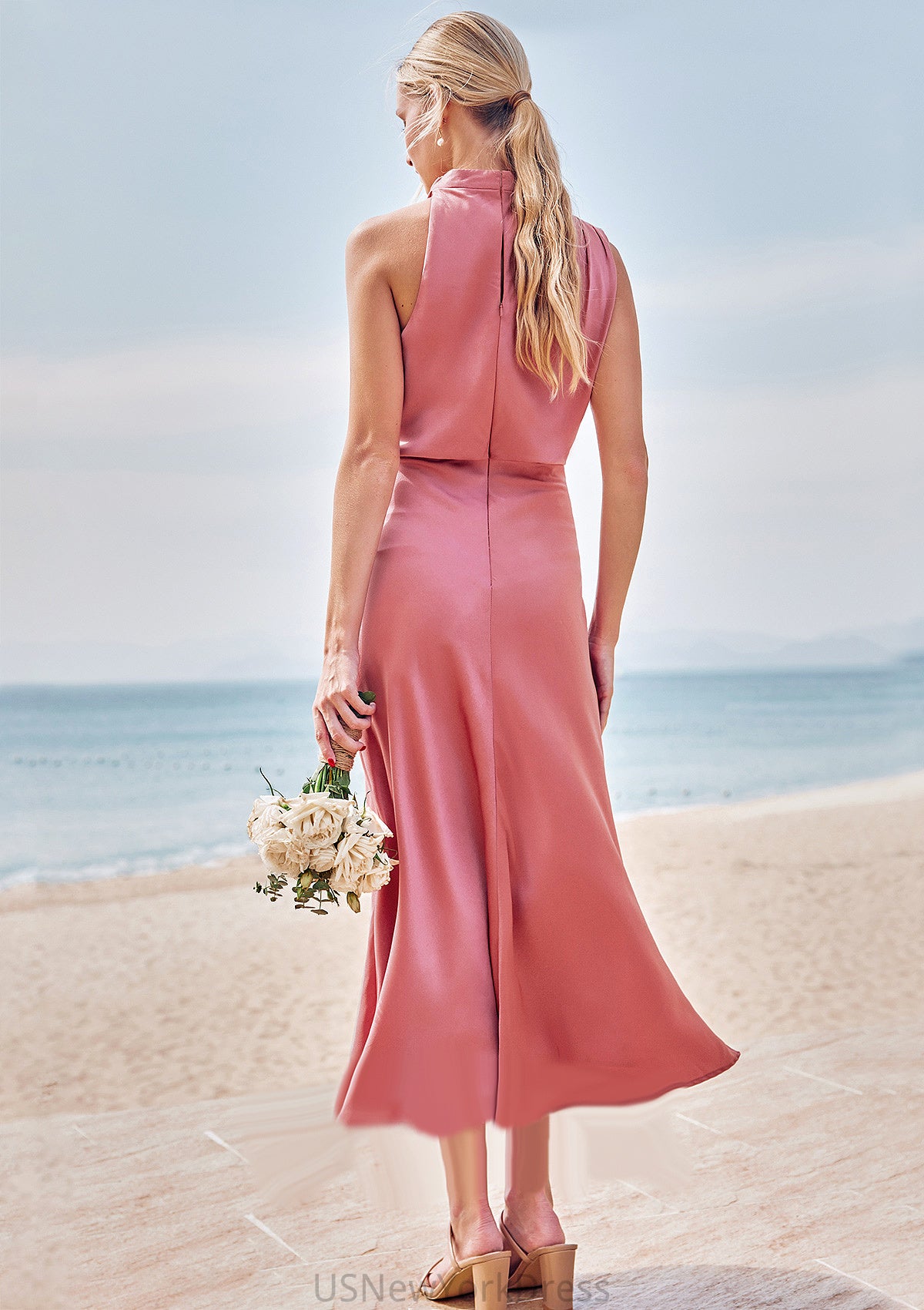 Sheath/Column High-Neck Sleeveless Tea-Length Stretch Satin Bridesmaid Dresses with Pleated Dayana DJP0025257