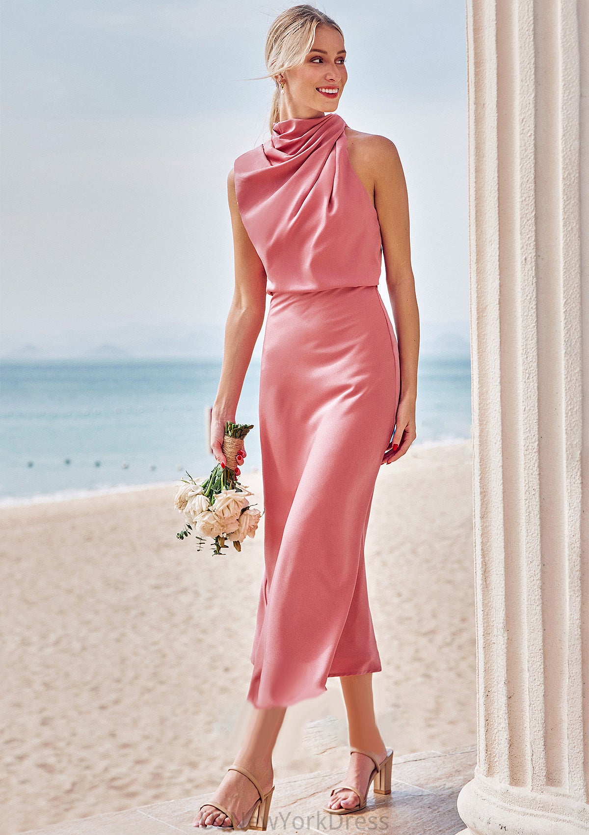 Sheath/Column High-Neck Sleeveless Tea-Length Stretch Satin Bridesmaid Dresses with Pleated Dayana DJP0025257