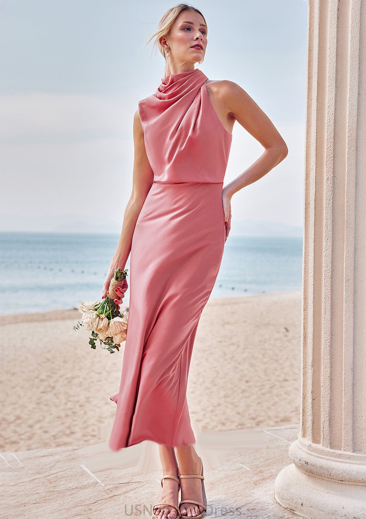 Sheath/Column High-Neck Sleeveless Tea-Length Stretch Satin Bridesmaid Dresses with Pleated Dayana DJP0025257