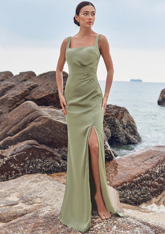 Sheath/Column Square Neckline Sleeveless Floor-Length Stretch Satin Bridesmaid Dresses with Pleated Split Silvia DJP0025258