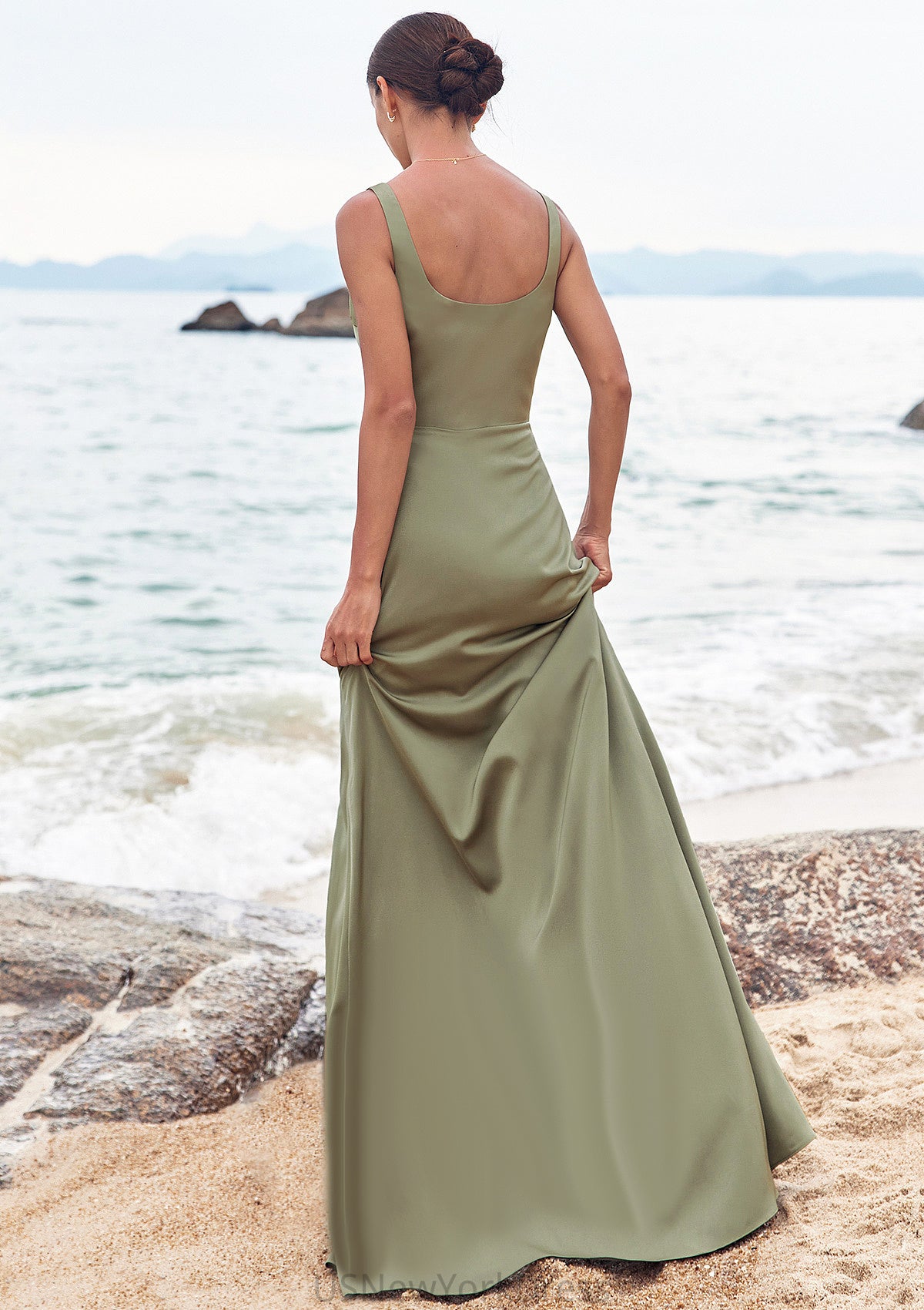 Sheath/Column Square Neckline Sleeveless Floor-Length Stretch Satin Bridesmaid Dresses with Pleated Split Silvia DJP0025258