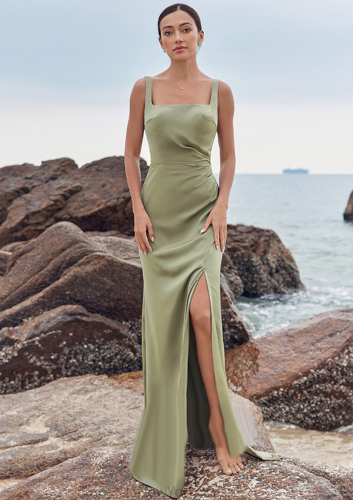 Sheath/Column Square Neckline Sleeveless Floor-Length Stretch Satin Bridesmaid Dresses with Pleated Split Silvia DJP0025258