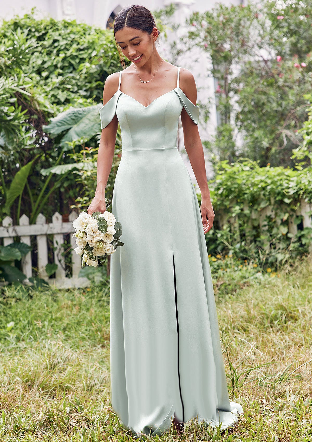 A-line V Neck Sleeveless Floor-Length Stretch Satin Bridesmaid Dresses with Split Scarlet DJP0025263