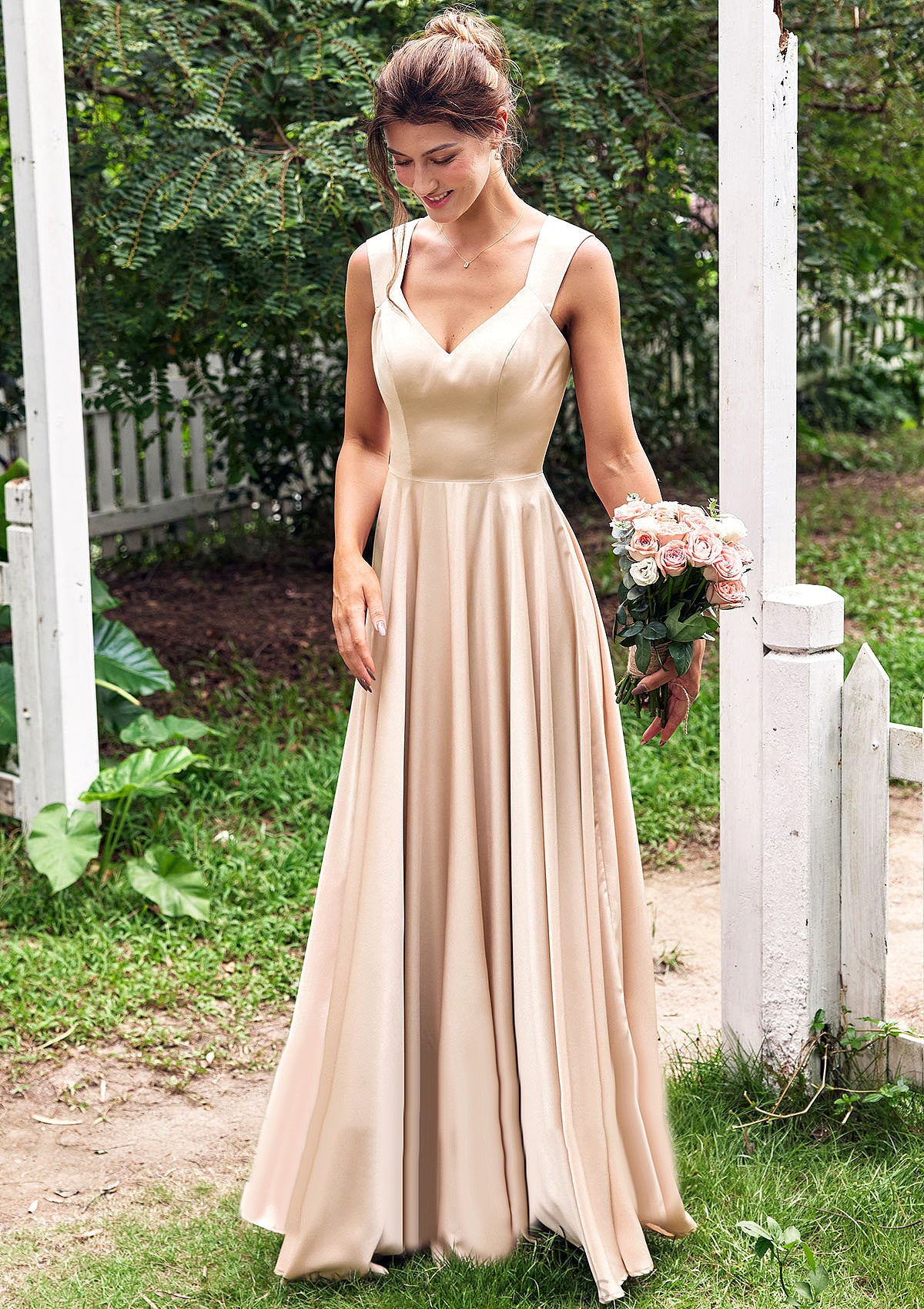 A-line V Neck Sleeveless Floor-Length Stretch Satin Bridesmaid Dresses with Pleated Pamela DJP0025266