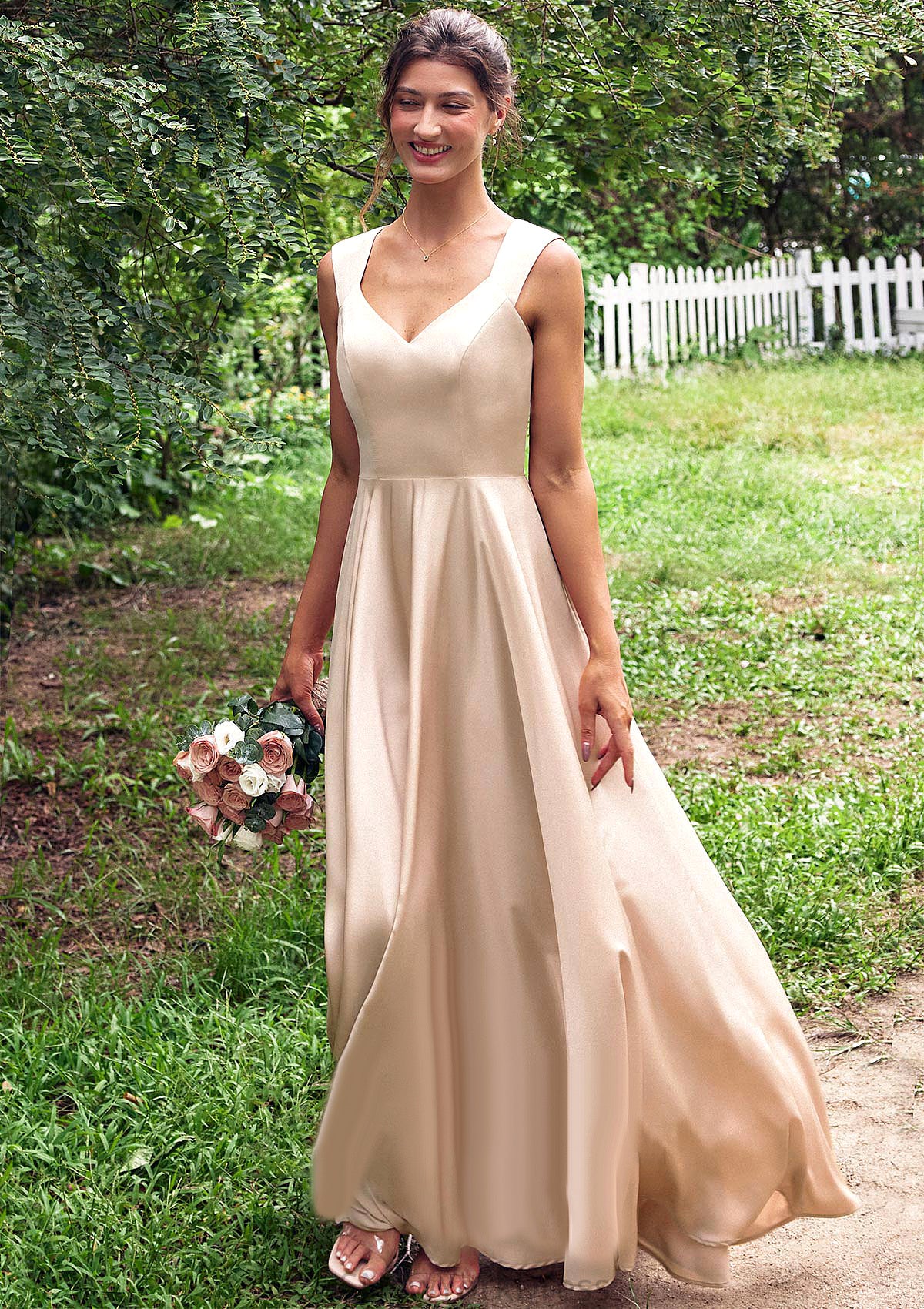 A-line V Neck Sleeveless Floor-Length Stretch Satin Bridesmaid Dresses with Pleated Pamela DJP0025266