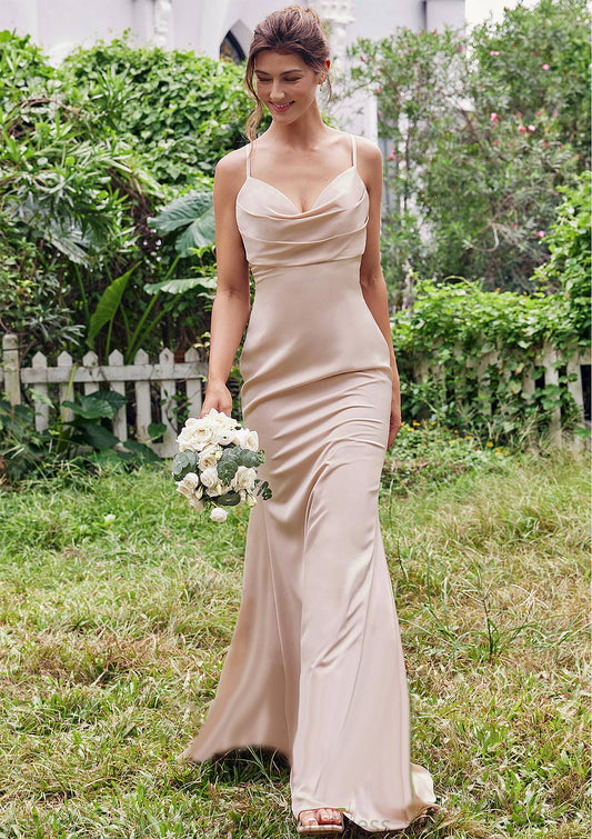 Sheath/Column V Neck Sleeveless Floor-Length Stretch Satin Bridesmaid Dresses with Pleated Scarlett DJP0025267