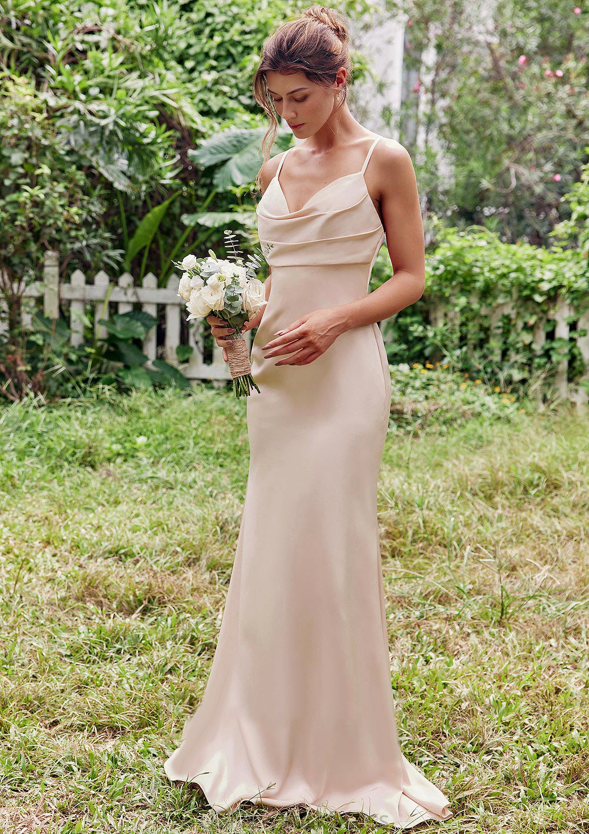 Sheath/Column V Neck Sleeveless Floor-Length Stretch Satin Bridesmaid Dresses with Pleated Scarlett DJP0025267