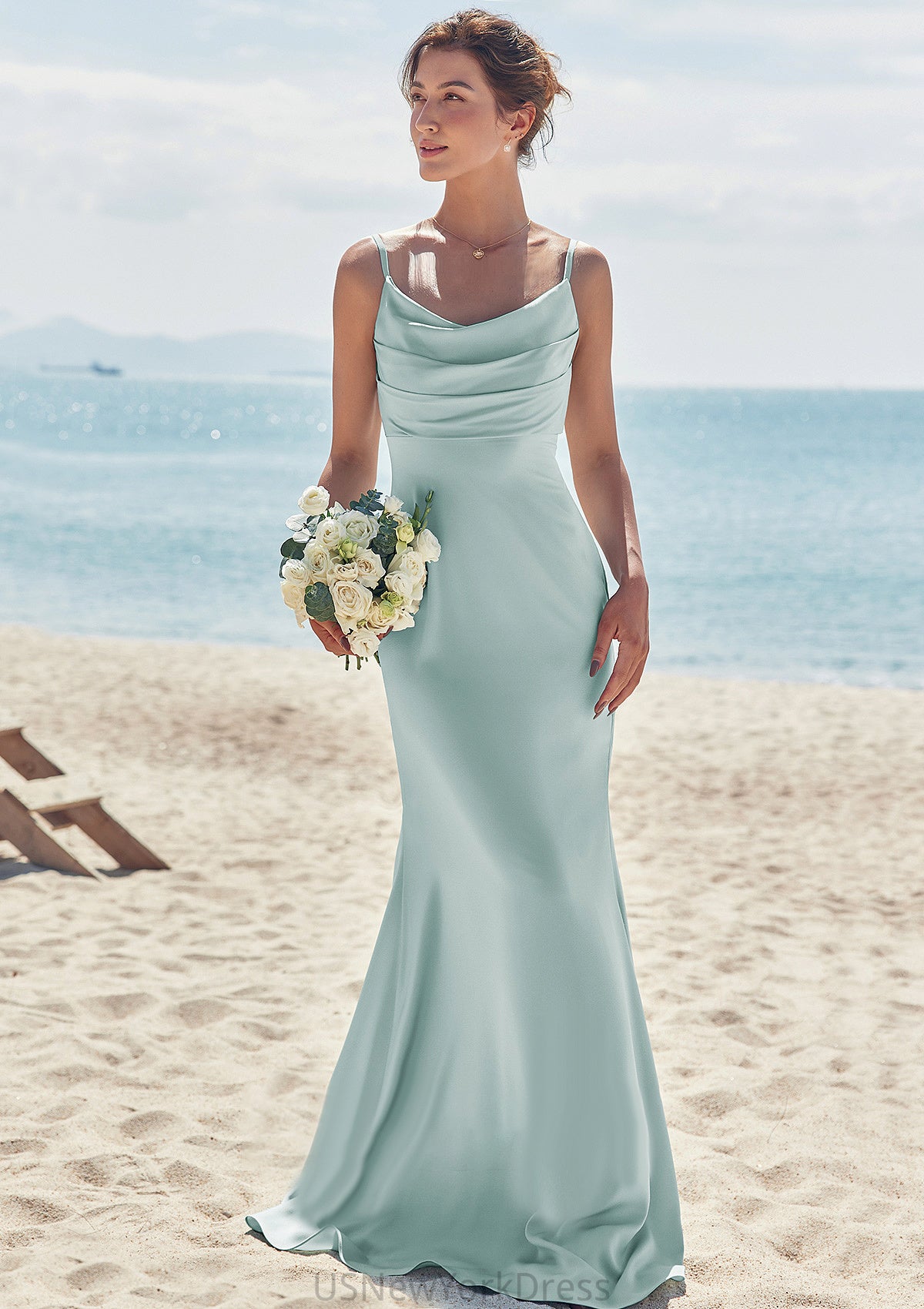 Sheath/Column V Neck Sleeveless Floor-Length Stretch Satin Bridesmaid Dresses with Pleated Hedwig DJP0025268