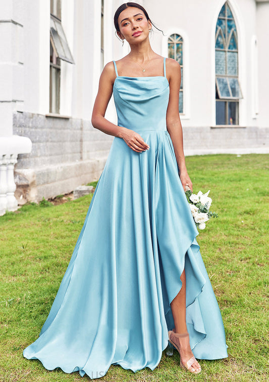 A-line Cowl Neck Sleeveless Floor-Length Stretch Satin Bridesmaid Dresses with Pleated Ruffles Split Ximena DJP0025270