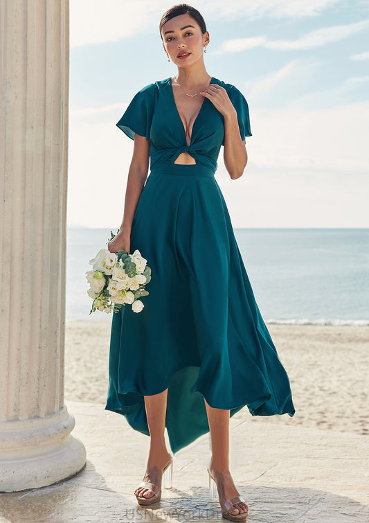 A-line V Neck Short Sleeve Asymmetrical Stretch Satin Bridesmaid Dresses with Bowknot Sashes Anahi DJP0025272