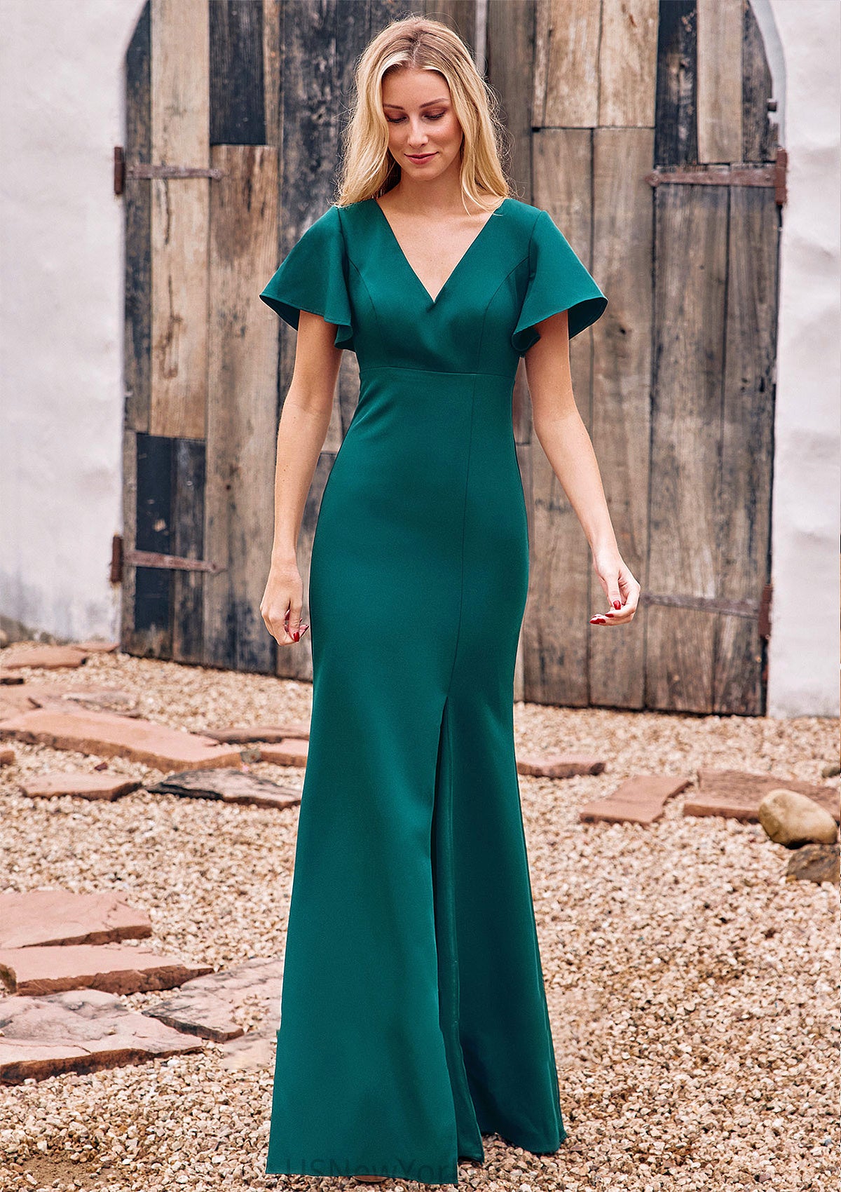 Trumpet/Mermaid V Neck Short Sleeve Stretch Crepe Floor-Length Bridesmaid Dresses with Split Destinee DJP0025273