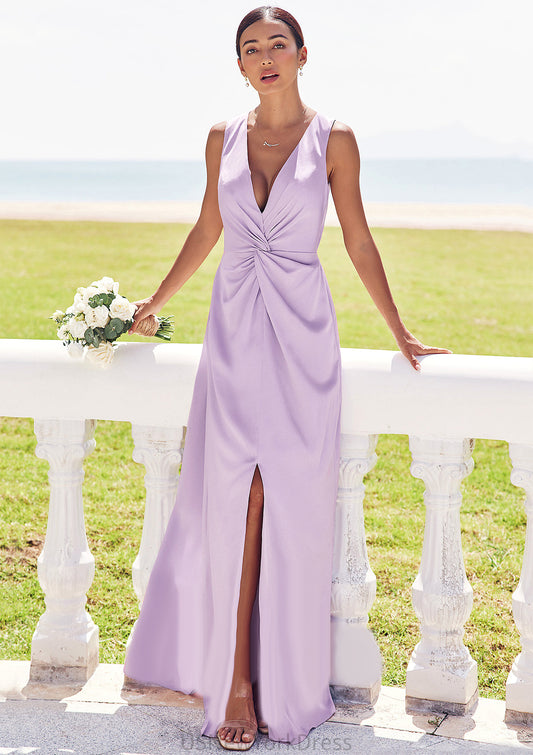 A-line V Neck Sleeveless Floor-Length Stretch Satin Bridesmaid Dresses with Pleated Split Elaine DJP0025276