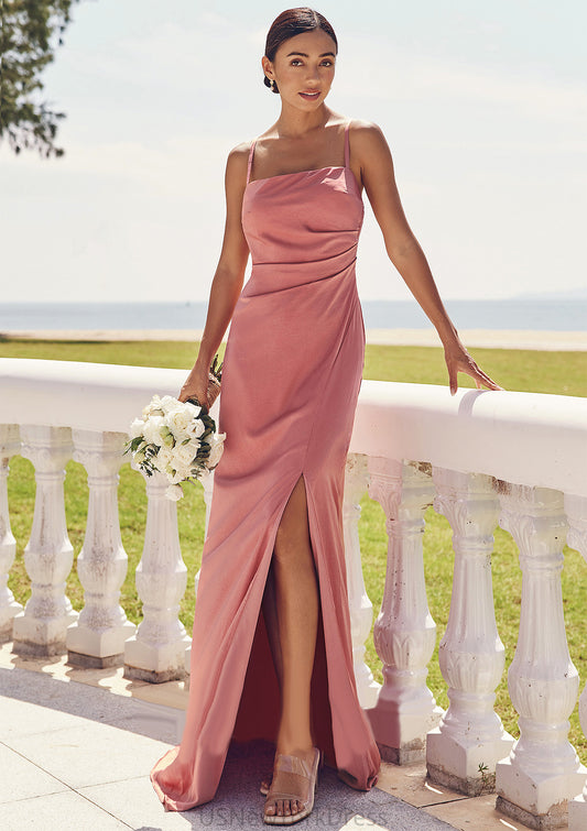 Sheath/Column Square Neckline Sleeveless Floor-Length Stretch Satin Bridesmaid Dresses with Pleated Split Eleanor DJP0025277