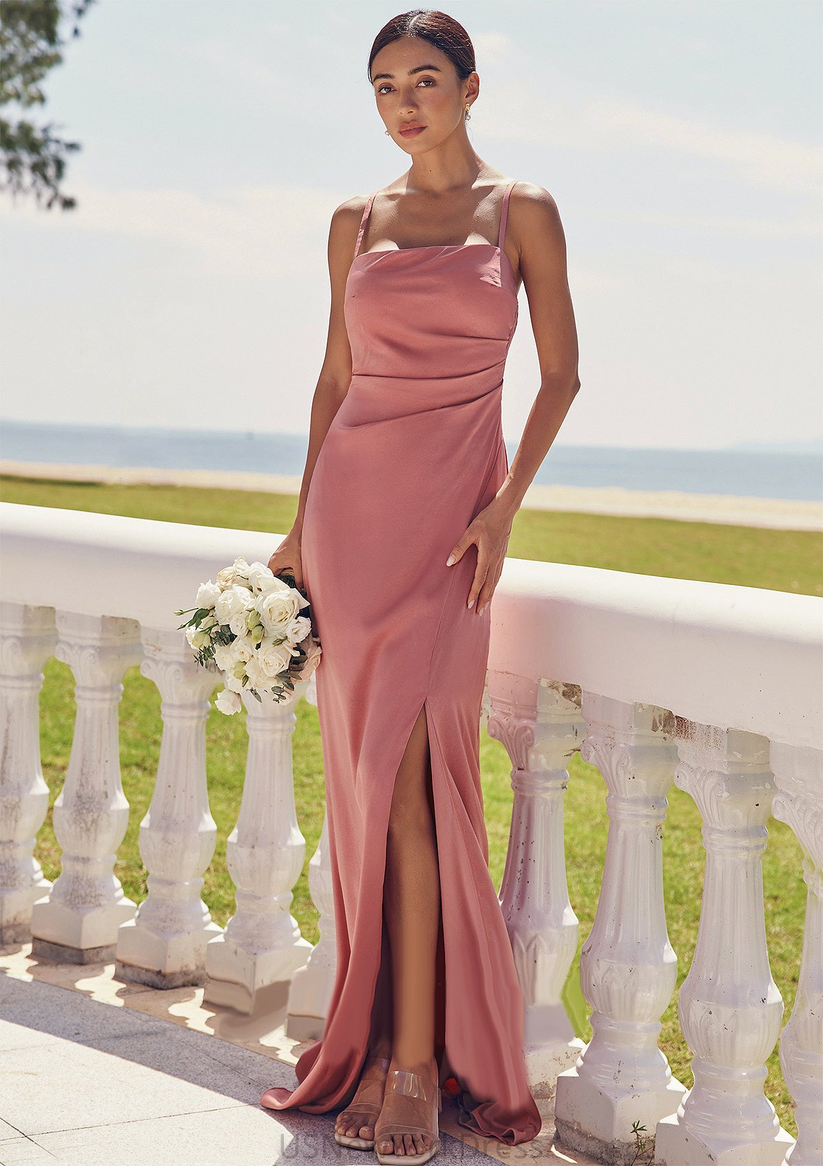 Sheath/Column Square Neckline Sleeveless Floor-Length Stretch Satin Bridesmaid Dresses with Pleated Split Eleanor DJP0025277