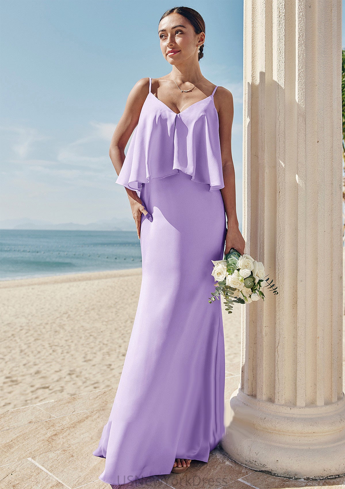 Sheath/Column V Neck Sleeveless Floor-Length Stretch Satin Bridesmaid Dresses with Ruffles Angie DJP0025278