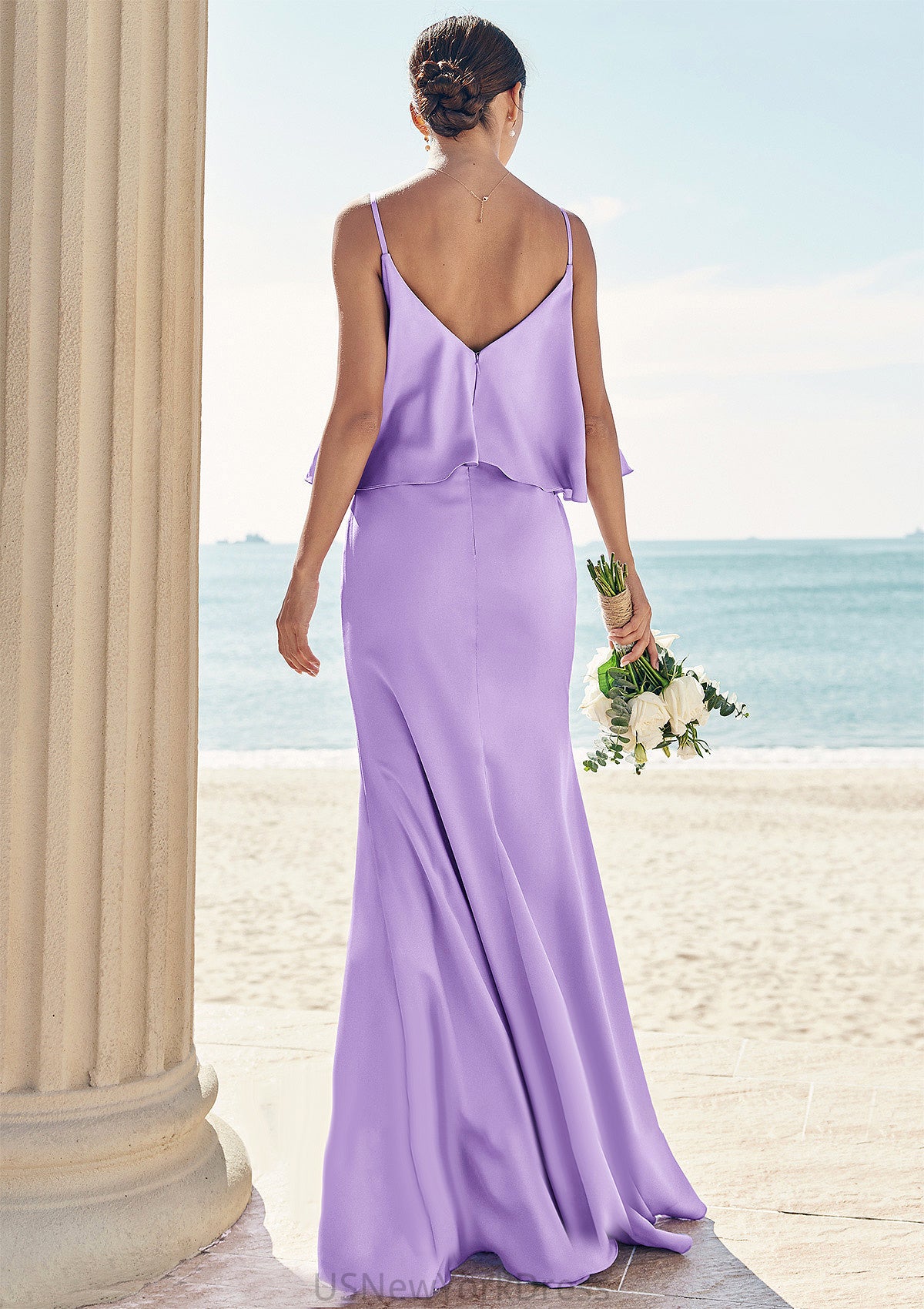 Sheath/Column V Neck Sleeveless Floor-Length Stretch Satin Bridesmaid Dresses with Ruffles Angie DJP0025278