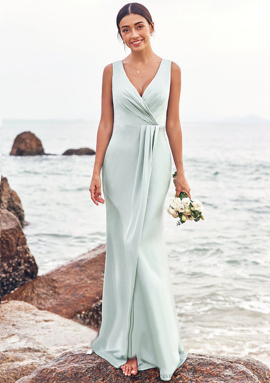 Sheath/Column V Neck Sleeveless Floor-Length Stretch Satin Bridesmaid Dresses with Pleated Split Kayley DJP0025279