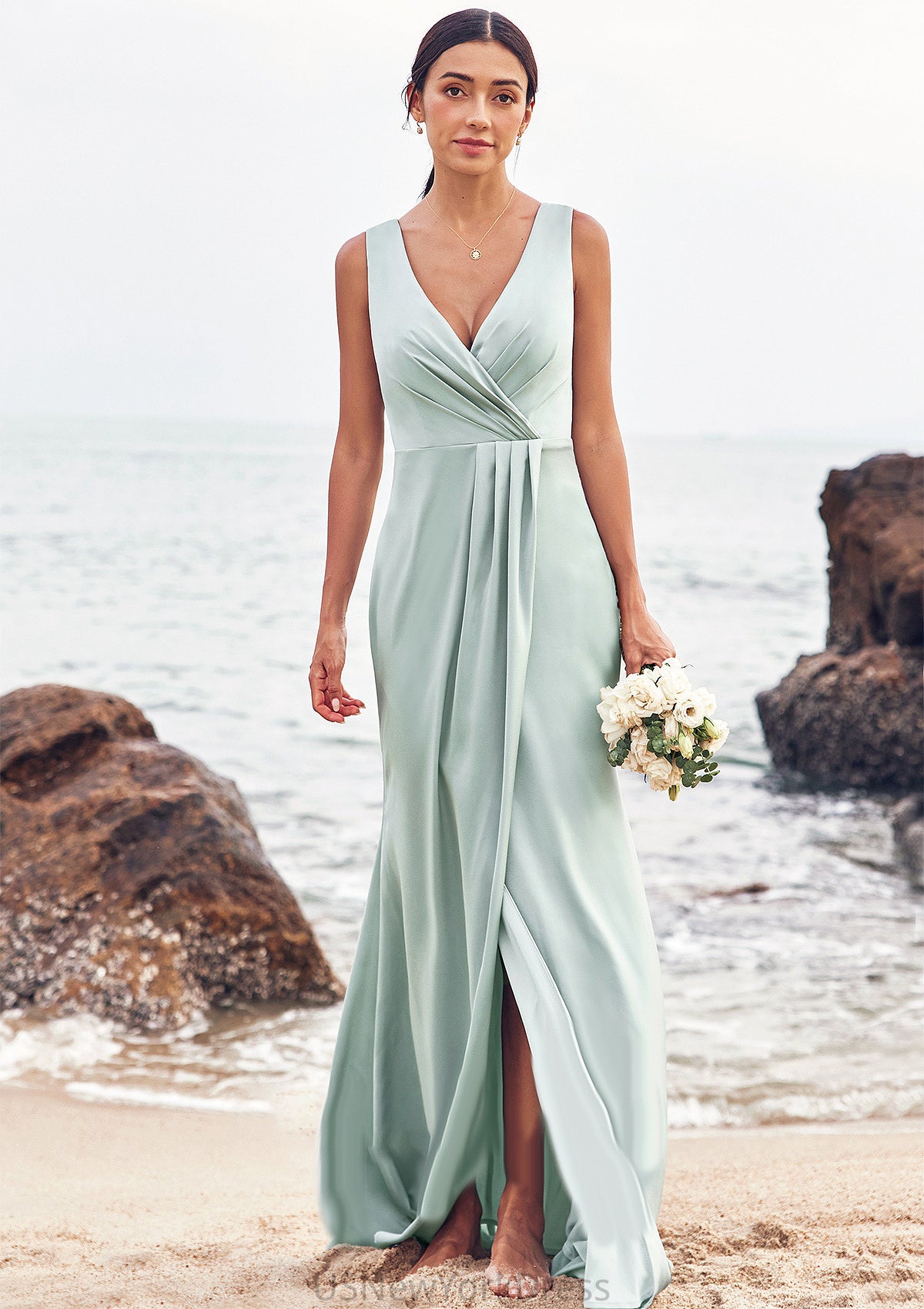 Sheath/Column V Neck Sleeveless Floor-Length Stretch Satin Bridesmaid Dresses with Pleated Split Kayley DJP0025279