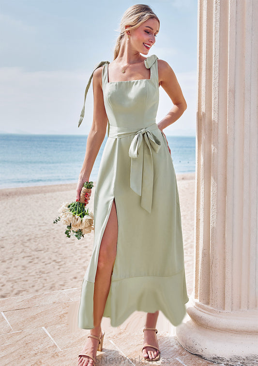 Sheath/Column Square Neckline Sleeveless Tea-Length Stretch Satin Bridesmaid Dresses with Bowknot Ruffles Split Desiree DJP0025280