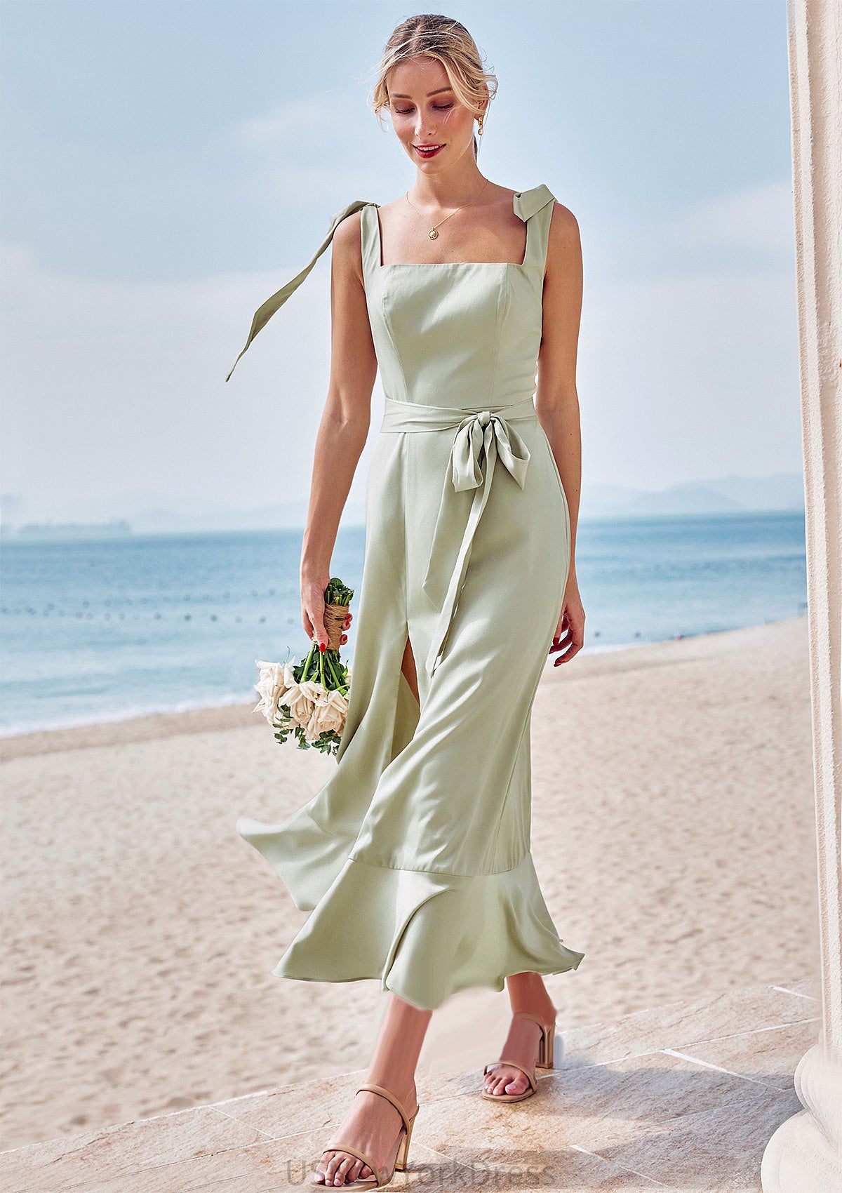 Sheath/Column Square Neckline Sleeveless Tea-Length Stretch Satin Bridesmaid Dresses with Bowknot Ruffles Split Desiree DJP0025280