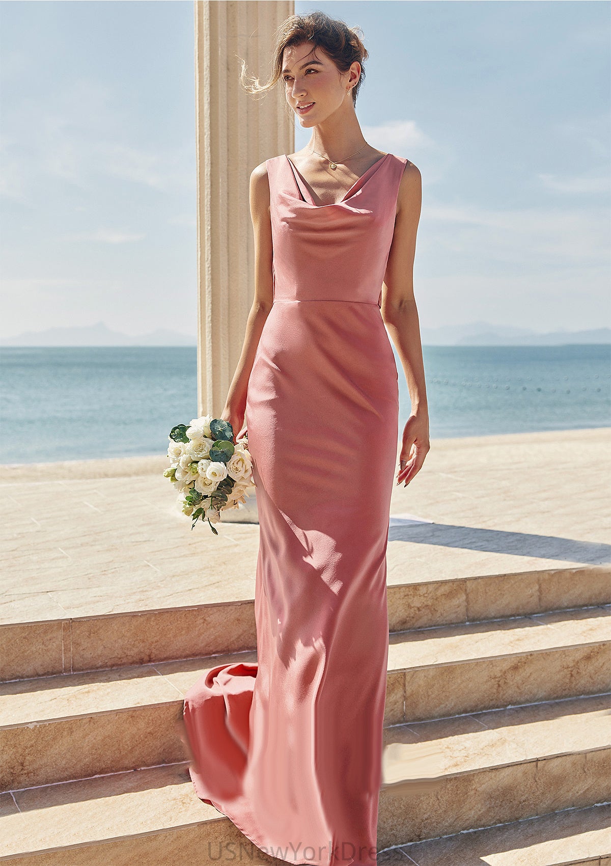 Trumpet/Mermaid Cowl Neck Sleeveless Floor-Length Stretch Satin Bridesmaid Dresses with Sashes Larissa DJP0025281