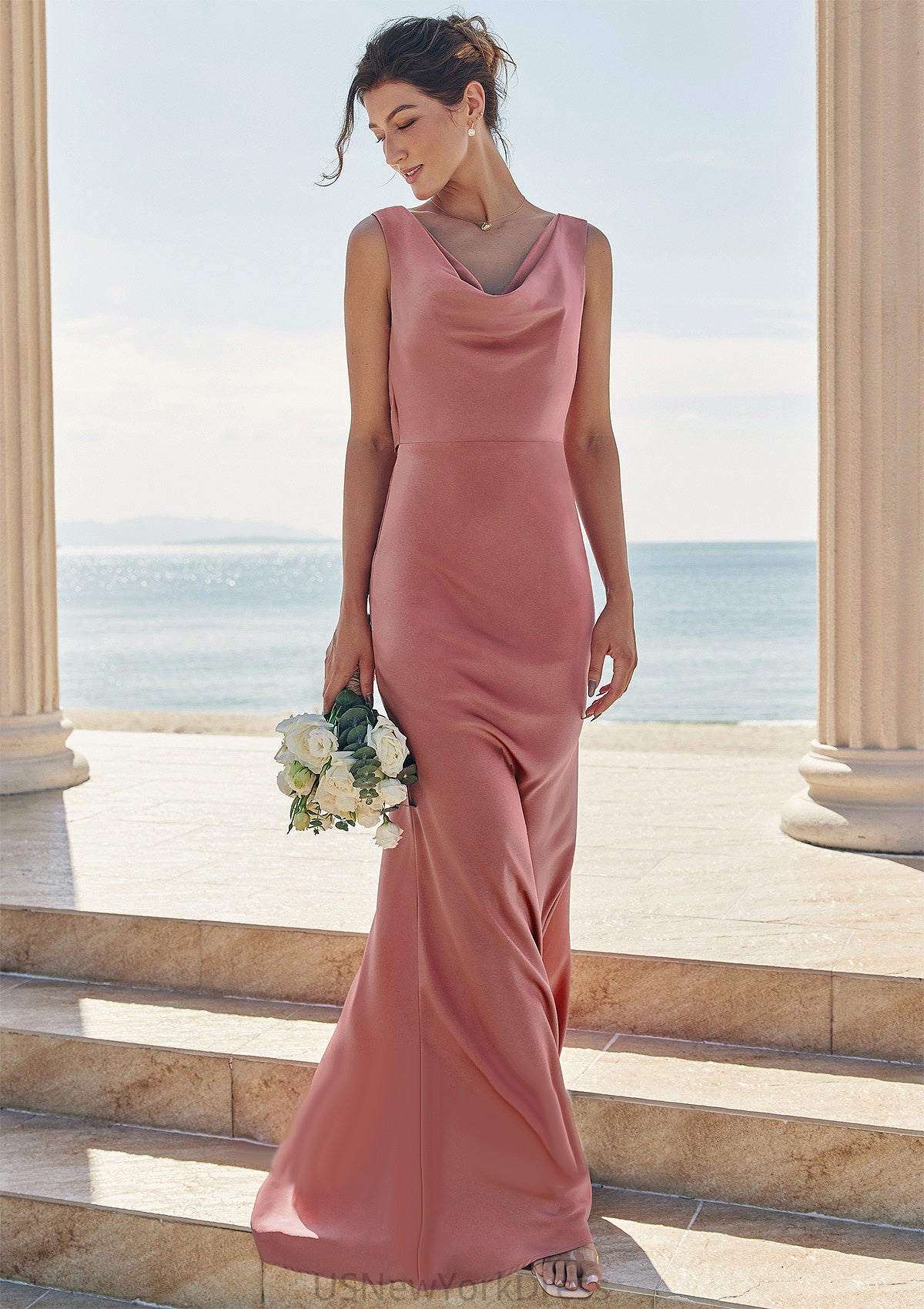 Trumpet/Mermaid Cowl Neck Sleeveless Floor-Length Stretch Satin Bridesmaid Dresses with Sashes Larissa DJP0025281