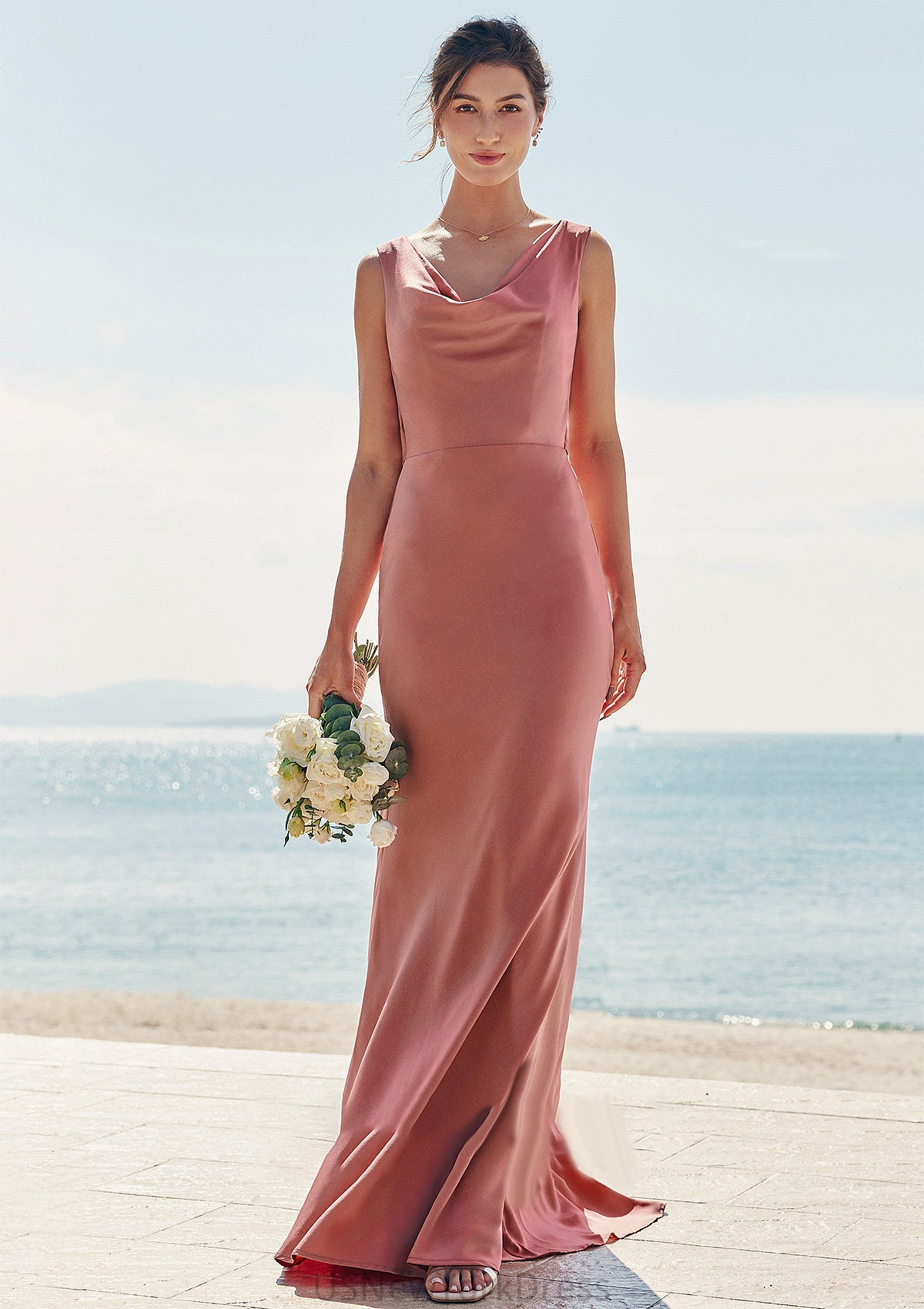 Trumpet/Mermaid Cowl Neck Sleeveless Floor-Length Stretch Satin Bridesmaid Dresses with Sashes Larissa DJP0025281