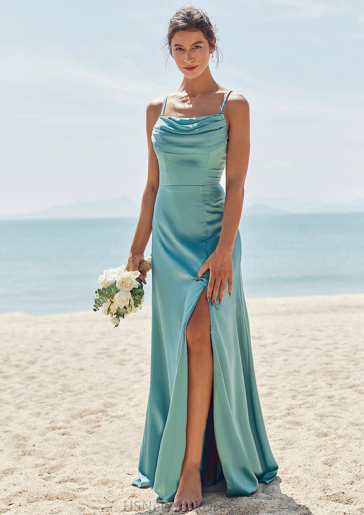 Sheath/Column Square Neckline Sleeveless Floor-Length Stretch Satin Bridesmaid Dresses with Pleated Split Kaylah DJP0025282