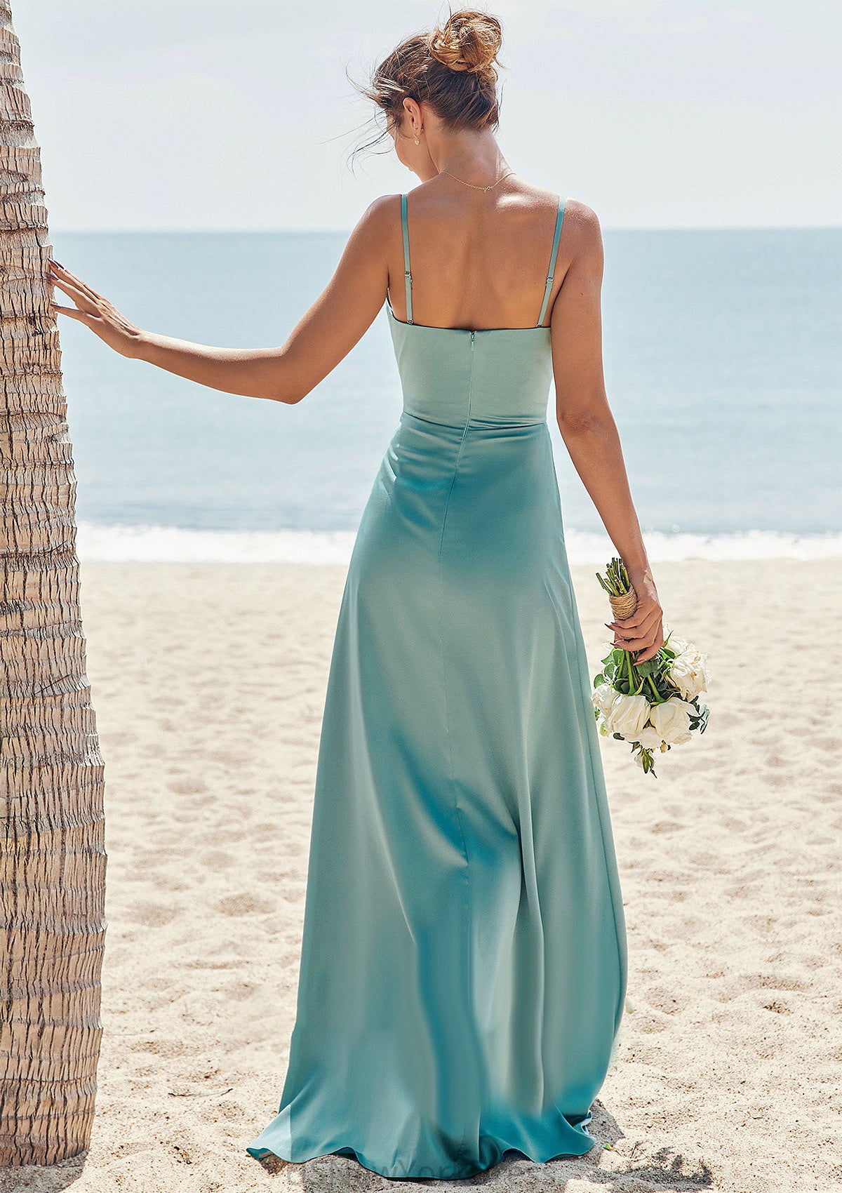 Sheath/Column Square Neckline Sleeveless Floor-Length Stretch Satin Bridesmaid Dresses with Pleated Split Kaylah DJP0025282