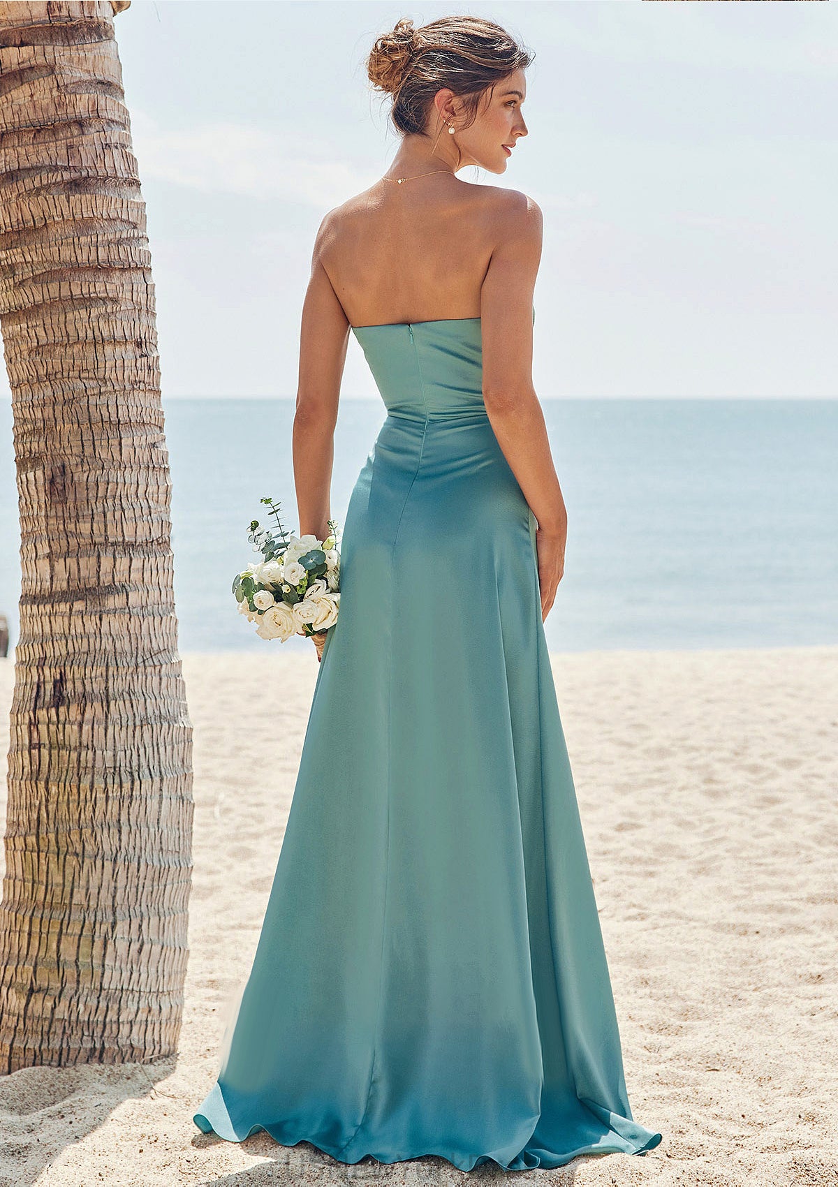 Sheath/Column Square Neckline Sleeveless Floor-Length Stretch Satin Bridesmaid Dresses with Pleated Split Kaylah DJP0025282