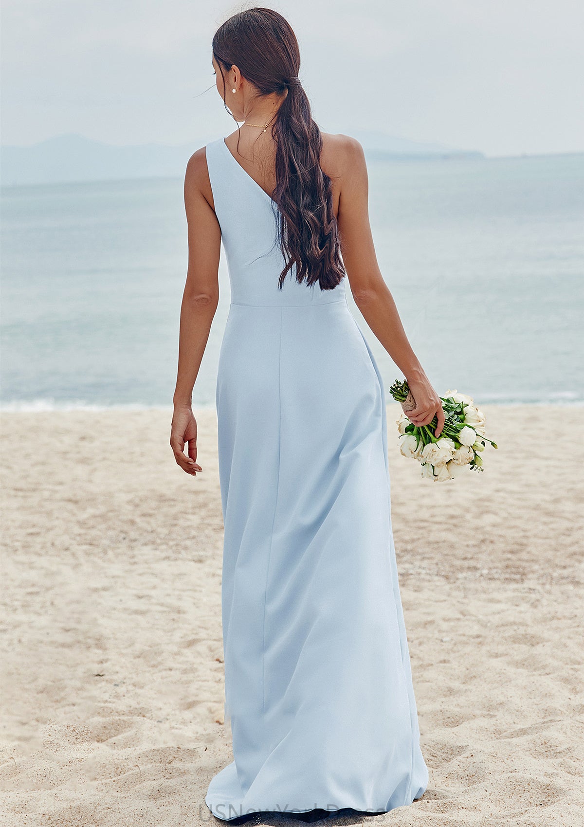 A-line One-Shoulder Sleeveless Floor-Length Stretch Crepe Bridesmaid Dresses with Pleated Split Taniya DJP0025284