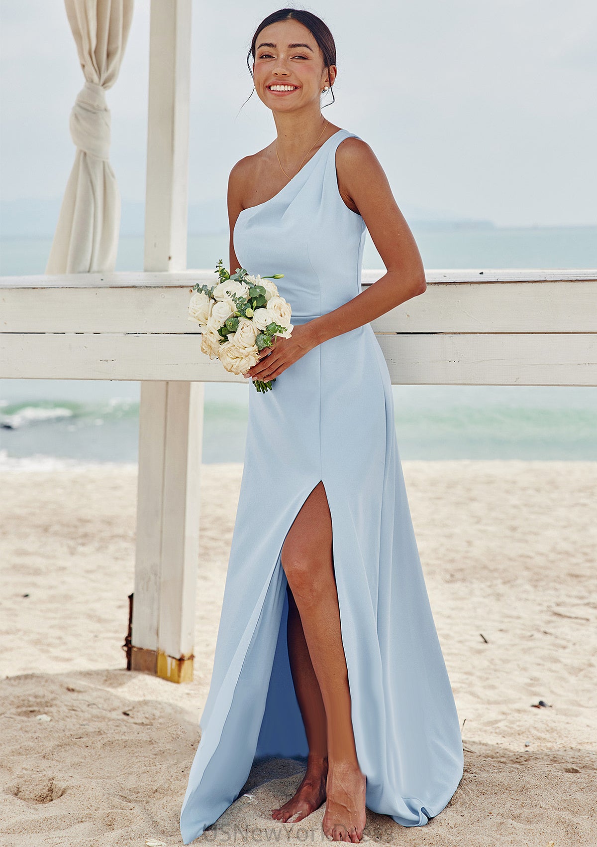 A-line One-Shoulder Sleeveless Floor-Length Stretch Crepe Bridesmaid Dresses with Pleated Split Taniya DJP0025284