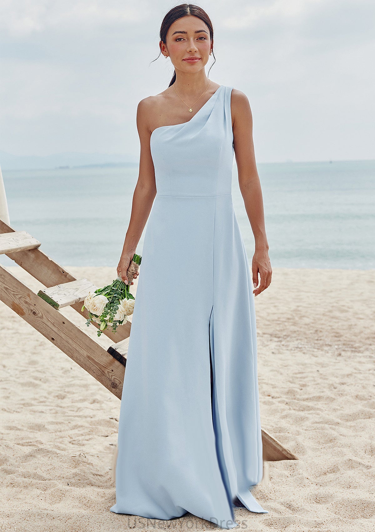 A-line One-Shoulder Sleeveless Floor-Length Stretch Crepe Bridesmaid Dresses with Pleated Split Taniya DJP0025284