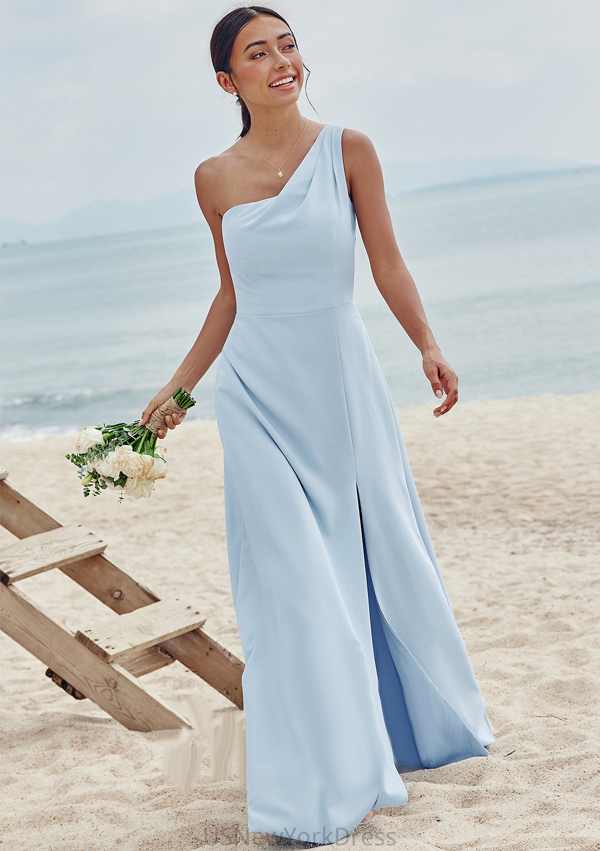 A-line One-Shoulder Sleeveless Floor-Length Stretch Crepe Bridesmaid Dresses with Pleated Split Taniya DJP0025284