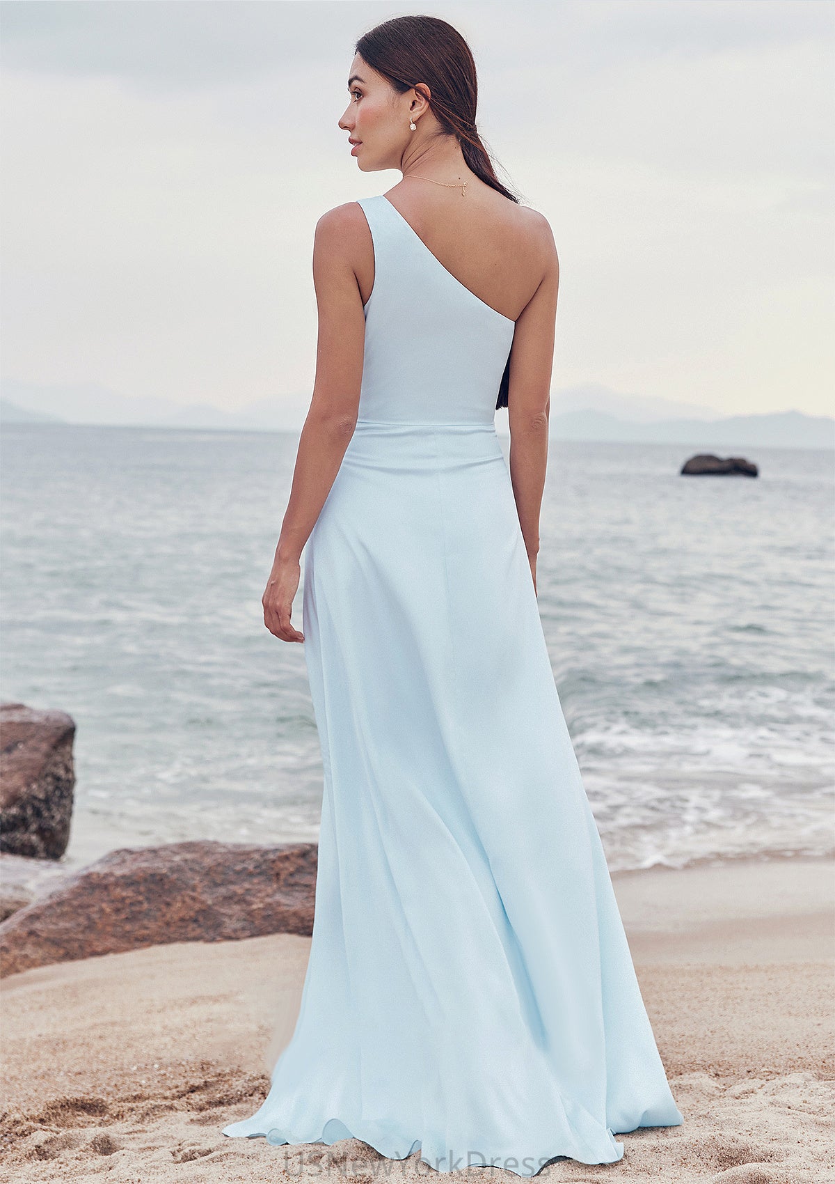 A-line One-Shoulder Sleeveless Floor-Length Stretch Satin Bridesmaid Dresses with Split Karina DJP0025285